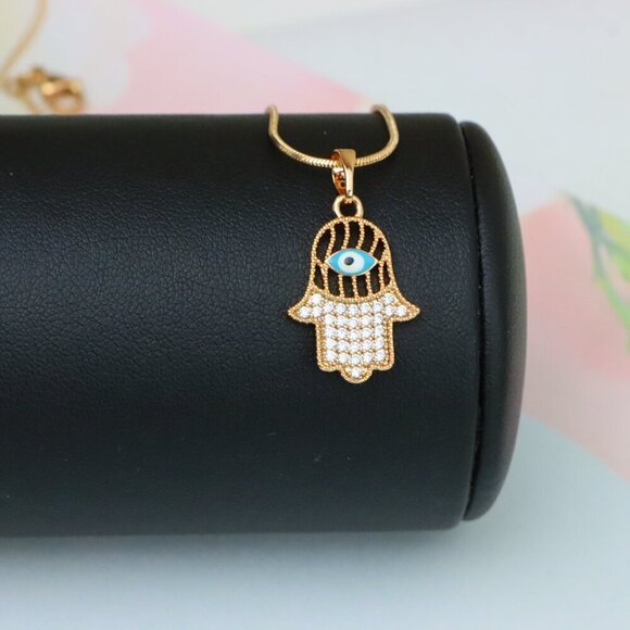 "Rose Gold Hamsa Hand Pendant with Evil Eye and Crystal Accents, XPPT1609 - Picture 11 of 13